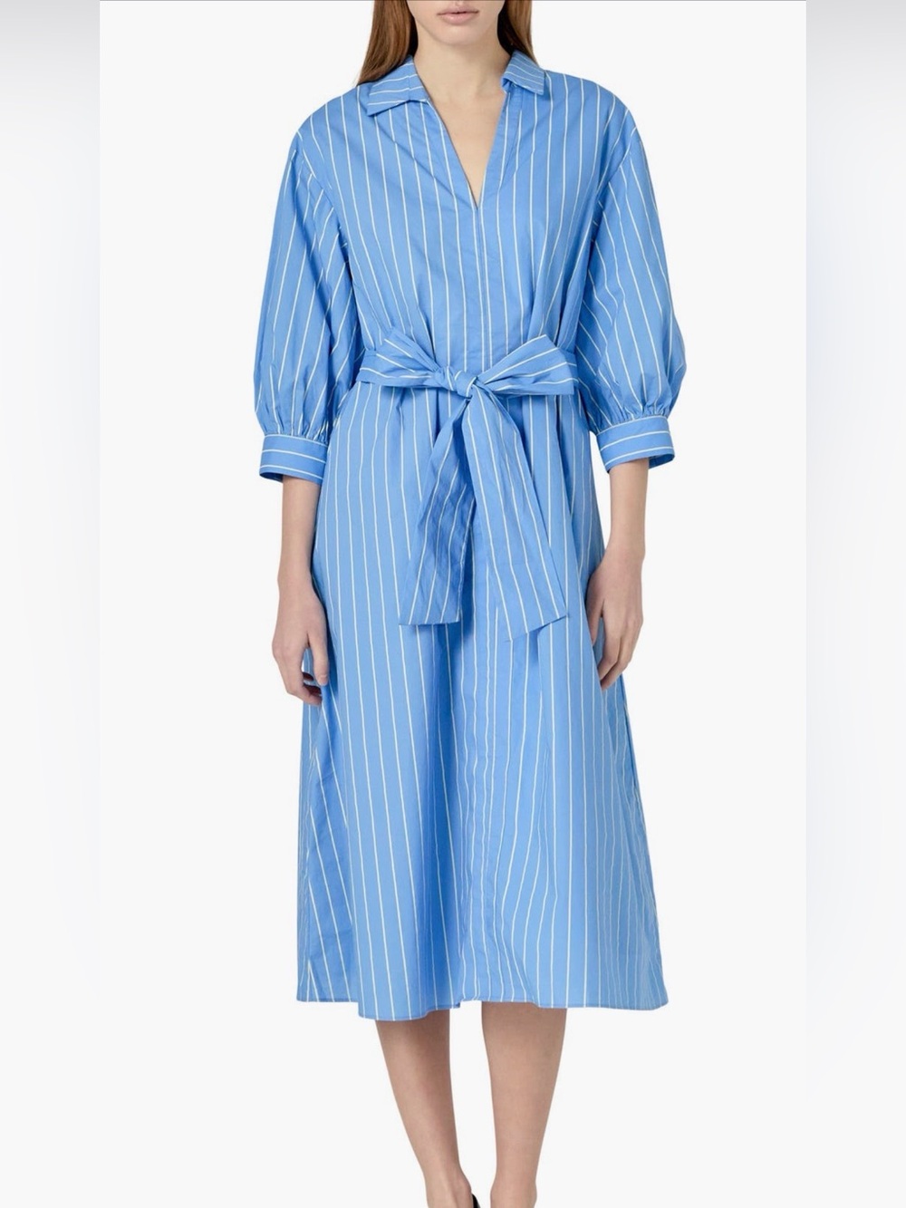 English Factory Blue Stripe Cotton Midi Shirtdress Tie Belt Small